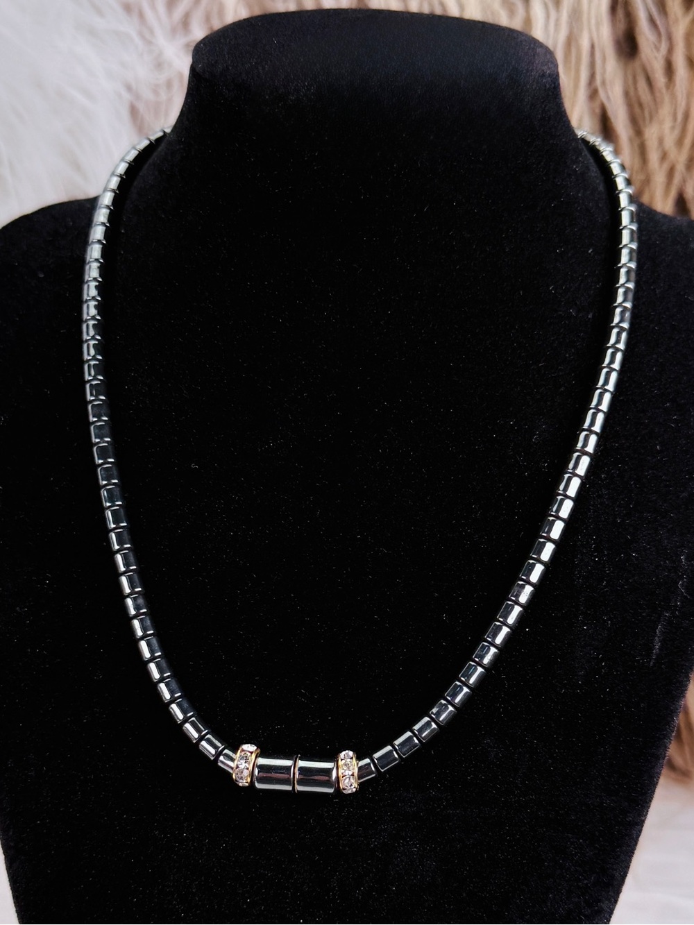 Vintage 90s Hematite Necklace Goldtone Rhinestone Rondelles Modern Minimalist